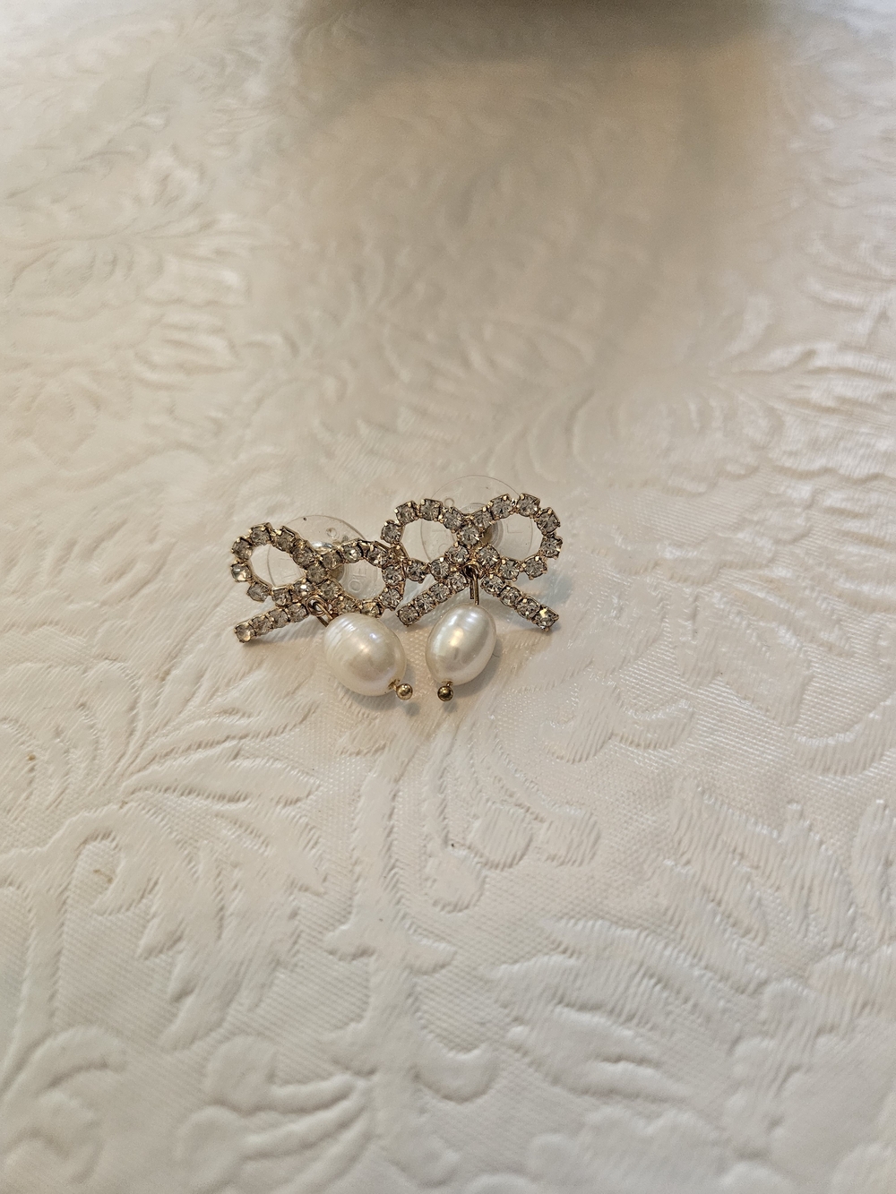 Crystal Bow Pearl Drop Earrings - Silver Tone